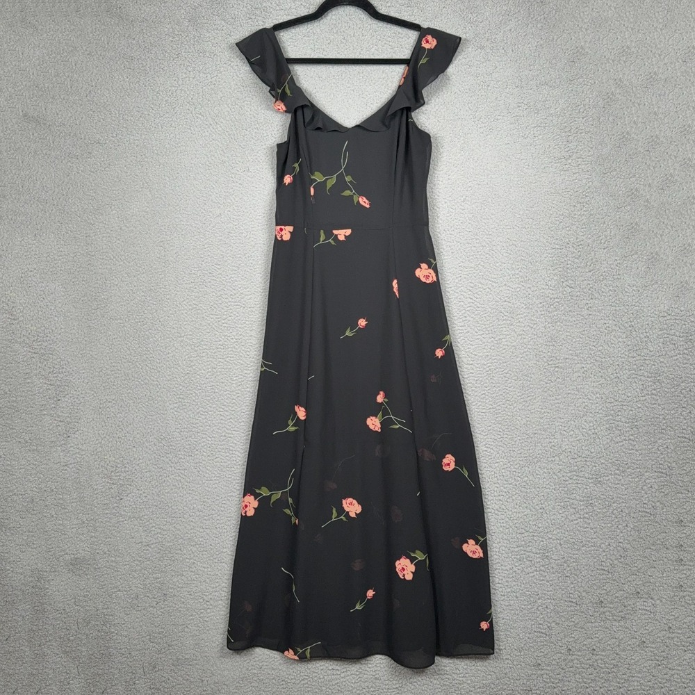 Ashley Graham Beyond Dress Womens 4 Black Floral Fairy Ruffle Midi Romantic - Picture 1 of 11